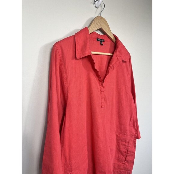 Eileen Fisher Shirt Womens Medium Pink Pullover Linen Blend 3/4 Sleeve Pockets - Picture 3 of 10